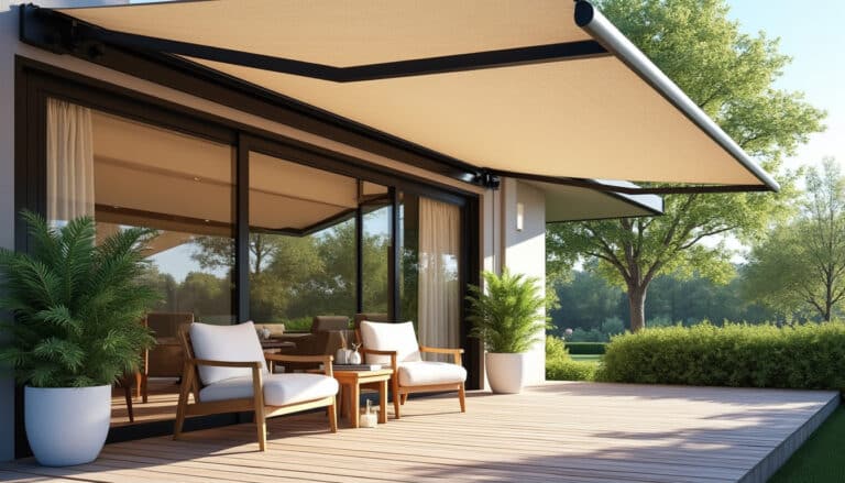 le store banne offre une protection efficace contre les rayons du soleil, assurant une terrasse ombragée et agréable toute la journée.